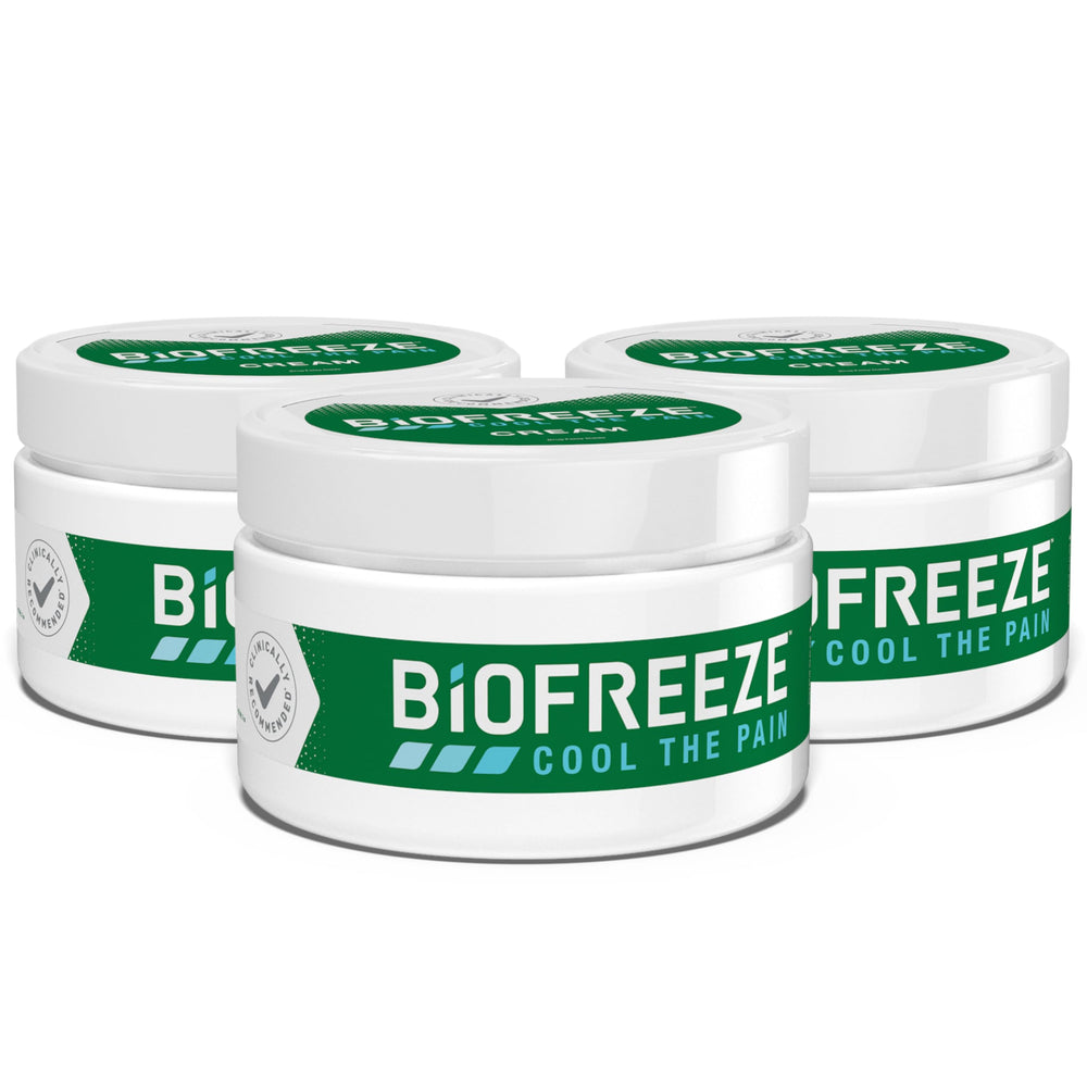 Biofreeze menthol cream jar closeup for cooling relief of sore muscles.