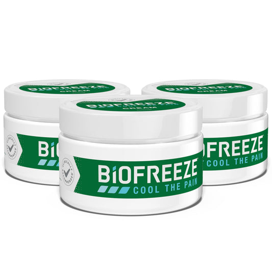 Biofreeze menthol cream jar closeup for cooling relief of sore muscles.