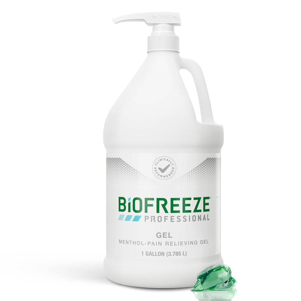 Biofreeze Professional Gel 1gal bottle for fast cooling relief of sore muscles.