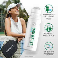 Biofreeze Professional Roll-On on the neck for cooling comfort.