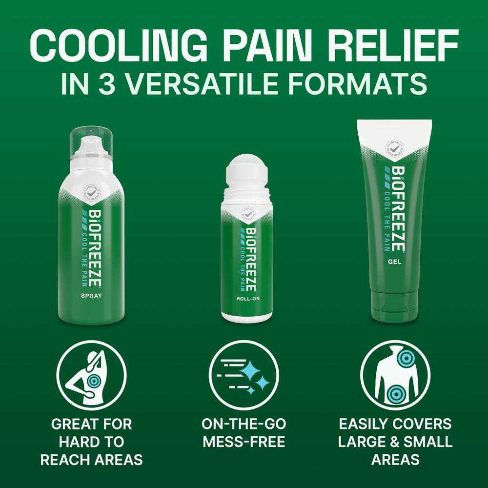 Biofreeze spray offers mess-free application on hard-to-reach areas.