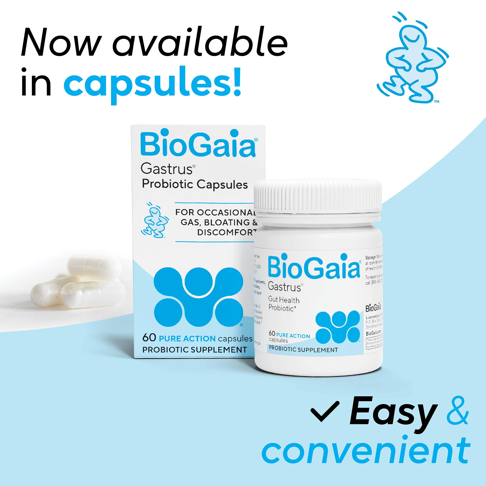 BioGaia Gastrus bottle closeup showing easy-to-take capsules for daily wellness