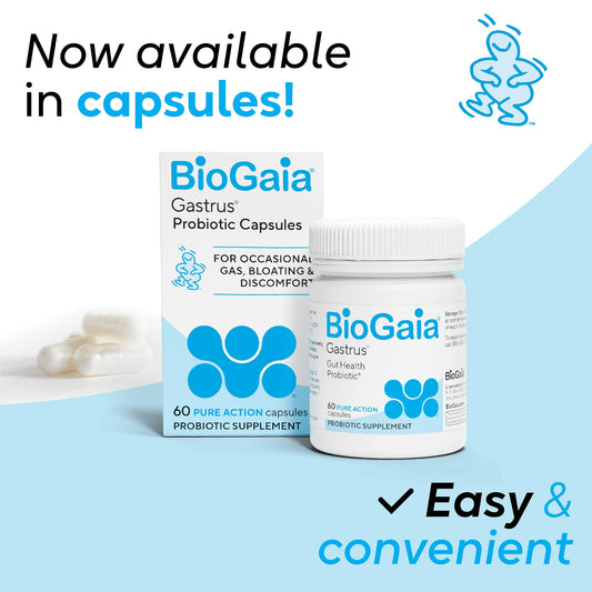 BioGaia Gastrus bottle closeup showing easy-to-take capsules for daily wellness