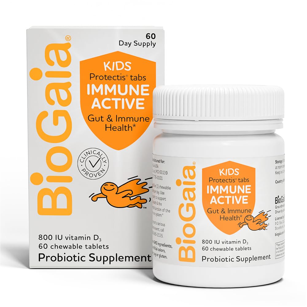 BioGaia Immune Active Kids orange chewables bottle for easy daily use.