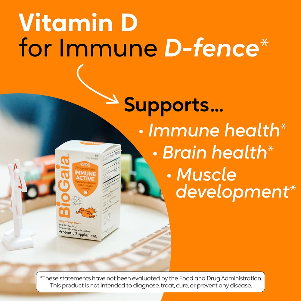Vitamin D panel on BioGaia Immune Active Kids label highlighting added support.