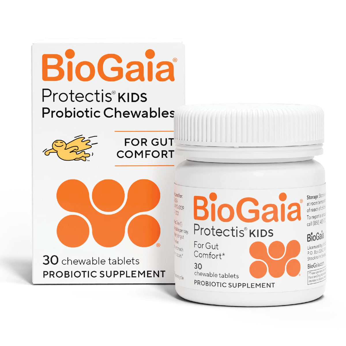 BioGaia probiotic chewable box front showing 30 servings for daily digestive support.