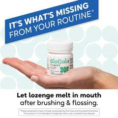 BioGaia Prodentis lozenges on counter beside toothbrush imagery.
