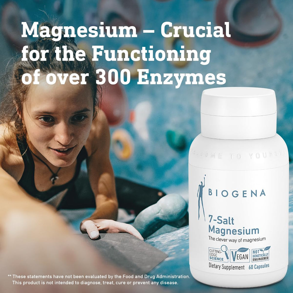 BIOGENA 7-Salt Magnesium bottle close-up conveys high-absorption promise through diverse forms.