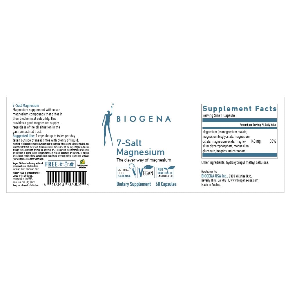 BIOGENA 7-Salt Magnesium capsules poured, illustrating vegan formula supporting enzyme activity.