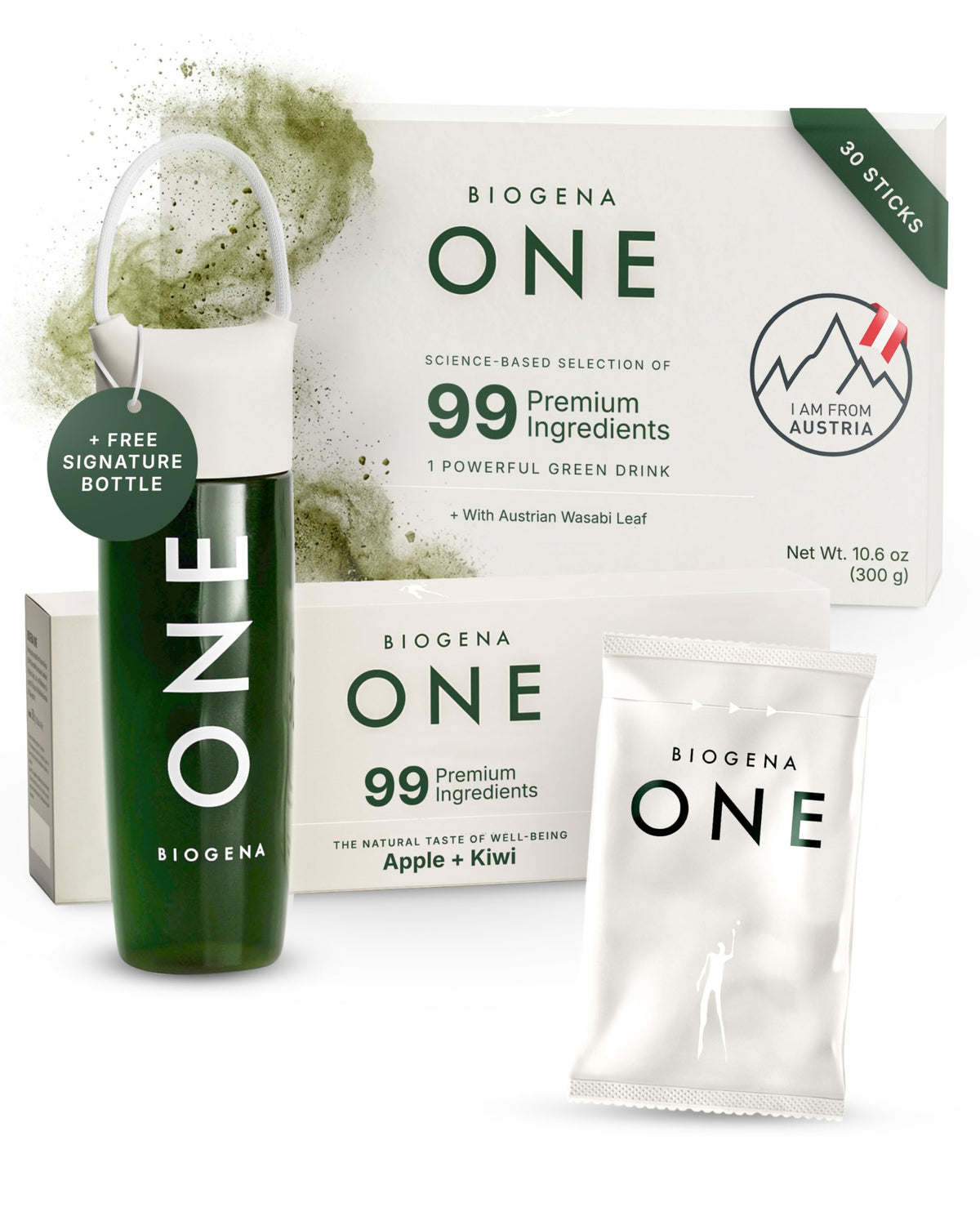 BIOGENA ONE bottle with travel sachets for on-the-go energy support.