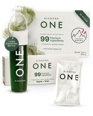 BIOGENA ONE bottle with travel sachets for on-the-go energy support.