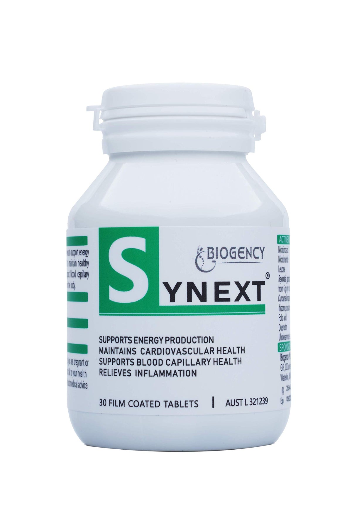 Biogency Synext bottle front label showing energy support features