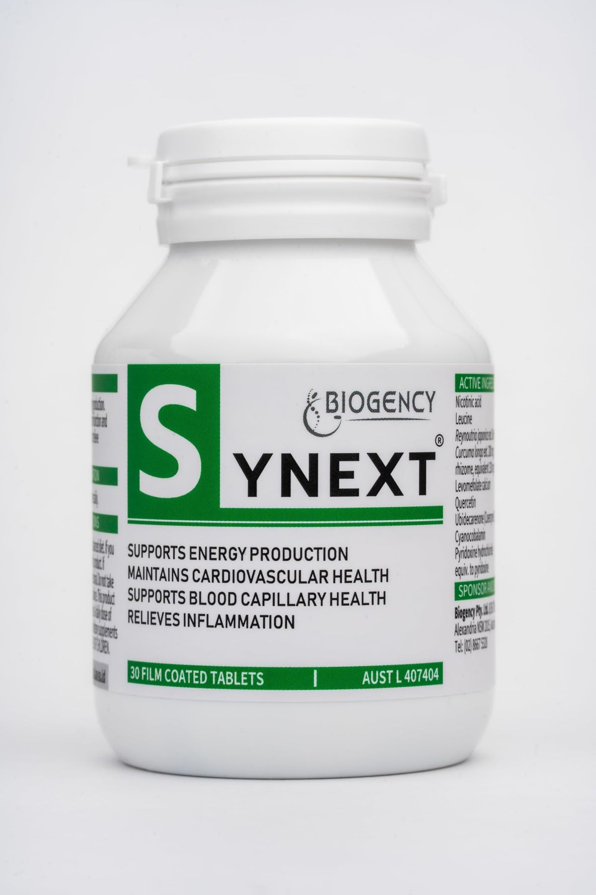 Biogency Synext NAD+ tablet bottle on front for daily energy support