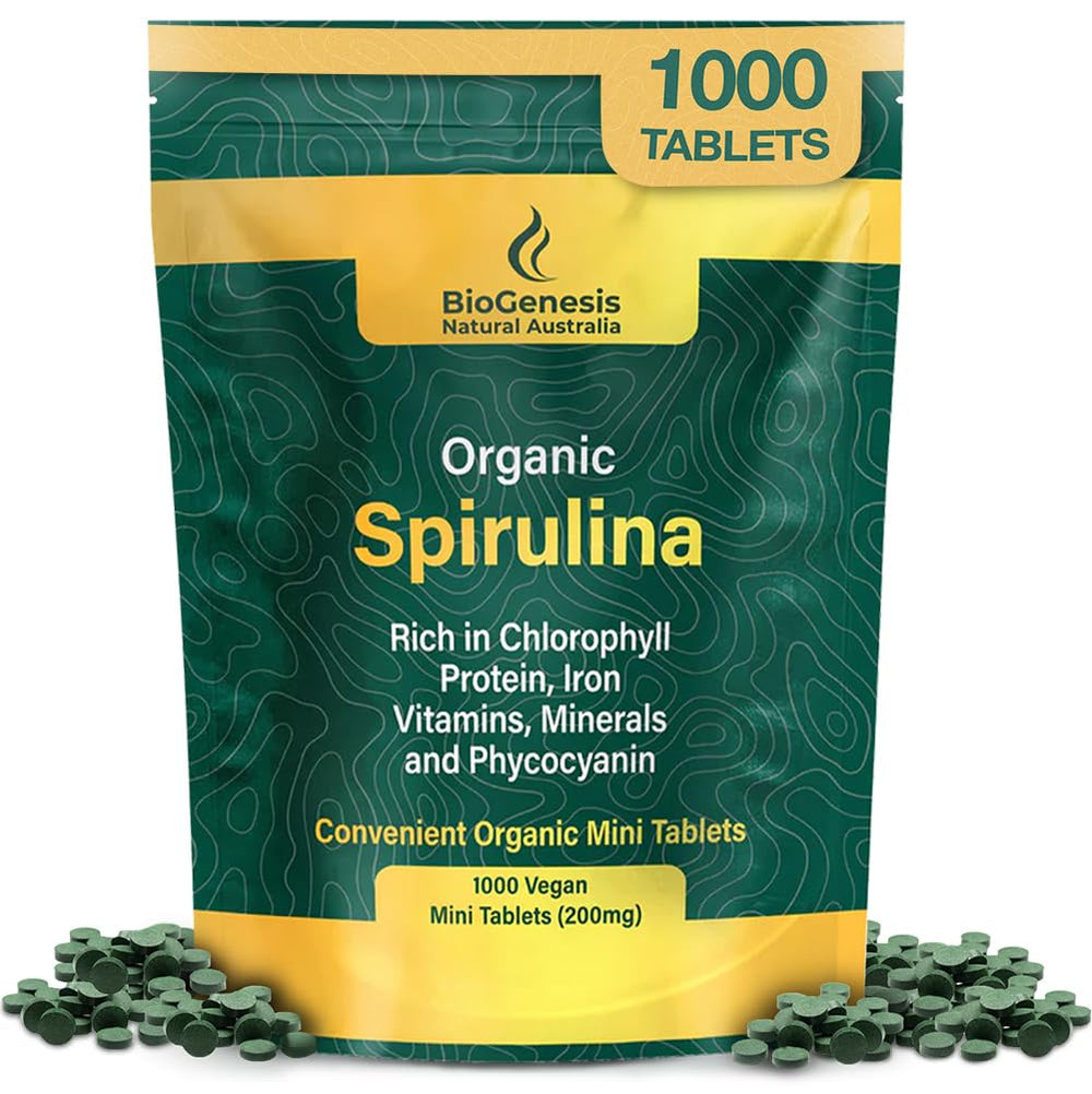 Biogenesis Spirulina mini tablets in a bottle for daily energy support.