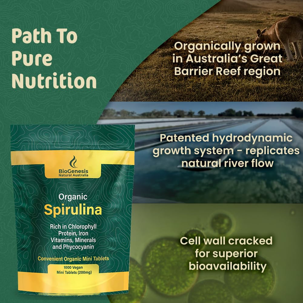 Biogenesis Spirulina mini tablets with a glass of water for convenient intake.