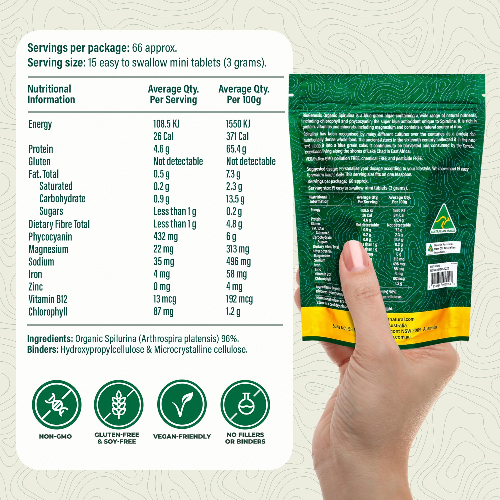 Biogenesis Spirulina mini tablets being poured for quick daily use.