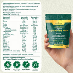 Biogenesis SuperGreens Plus chlorella focus shows pure greens for detox and nourishment.