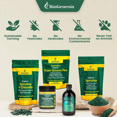 Biogenesis SuperGreens Plus mixed serve in glass shows versatile smoothie option.