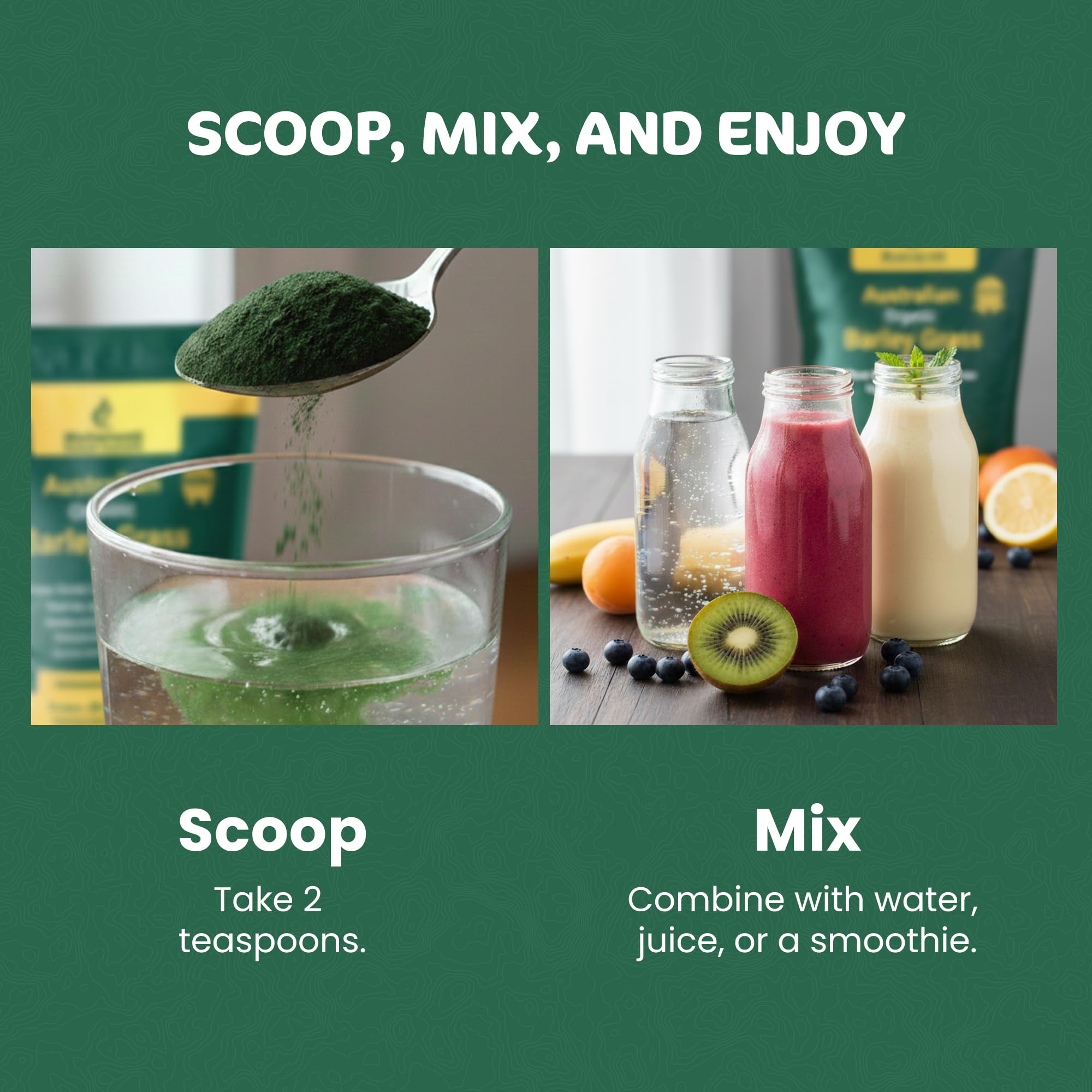 Biogenesis SuperGreens Plus spirulina close-up showcasing essential micronutrients.