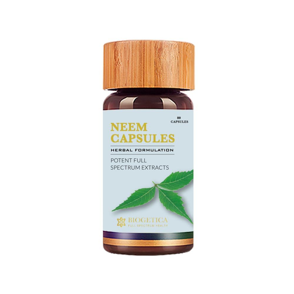 Biogetica Neem Extract Capsules bottle, vegan immune-support supplement for skin health.