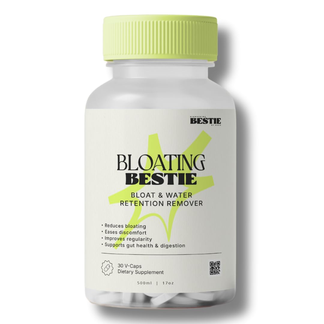 Biohacking Bestie Bloating Bestie bottle close-up illustrating gentle digestive support.