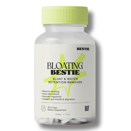 Biohacking Bestie Bloating Bestie bottle close-up illustrating gentle digestive support.