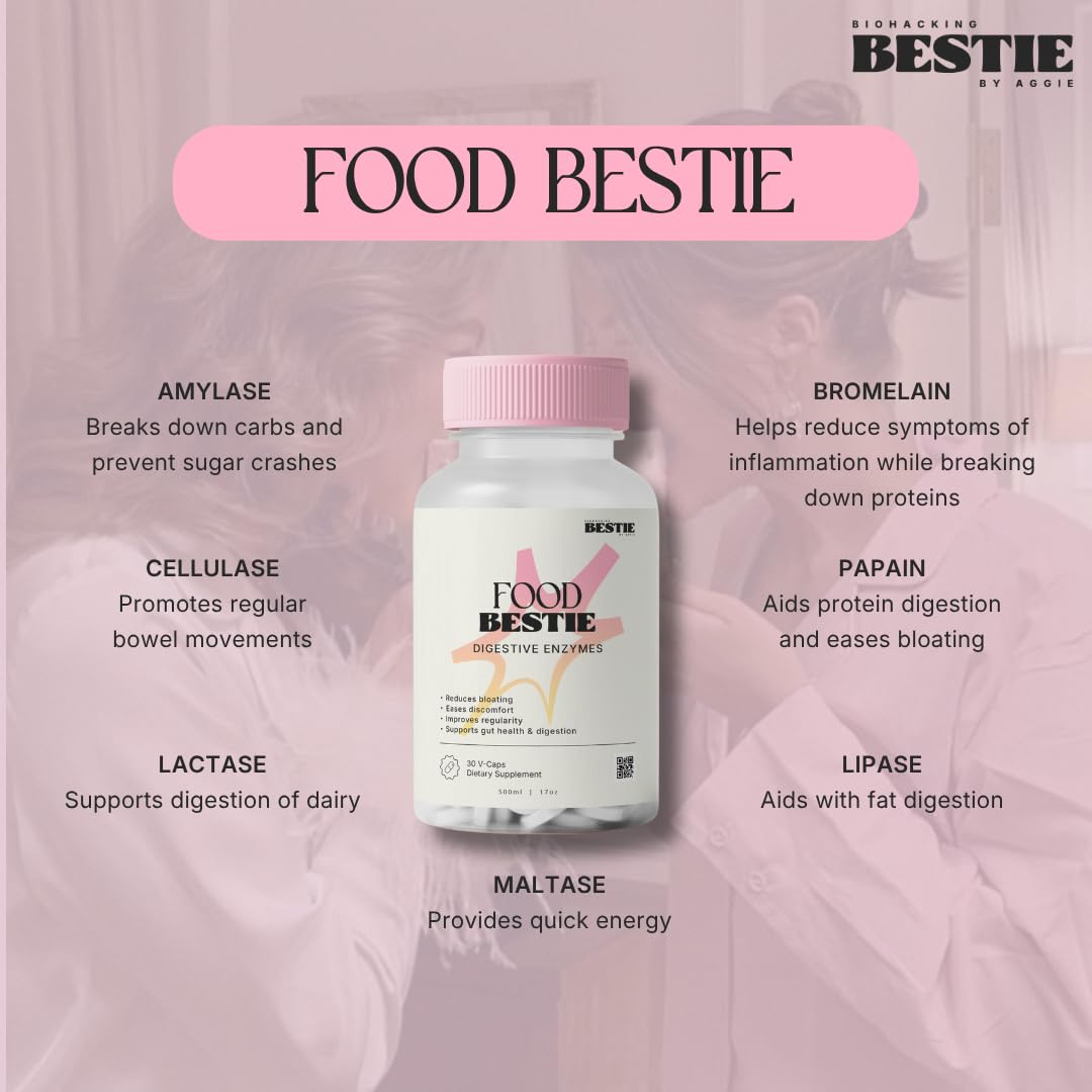 Biohacking Bestie Digestive Enzymes capsules close-up highlighting vegan gluten-free formula