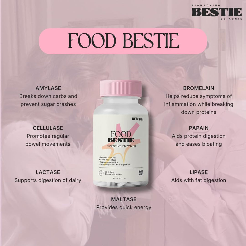 Biohacking Bestie Digestive Enzymes capsules close-up highlighting vegan gluten-free formula