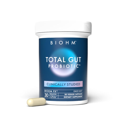 BIOHM Total Probiotic bottle front supports daily gut balance and convenient daily use.