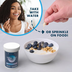 BIOHM Total Probiotic bottle on desk conveys daily routine for gut health.