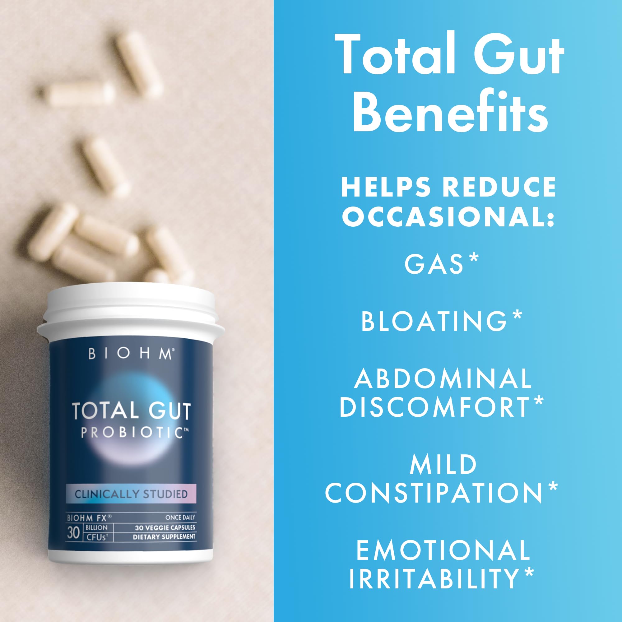 BIOHM Total Probiotic daily routine scene with glass of water promotes consistent use.