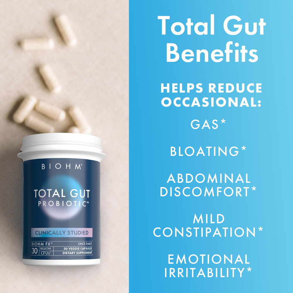 BIOHM Total Probiotic daily routine scene with glass of water promotes consistent use.