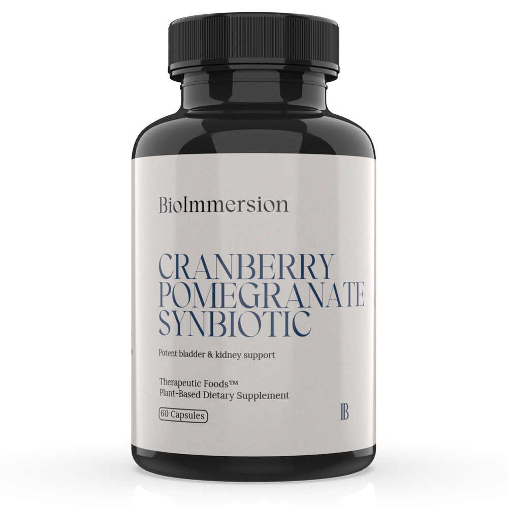 BioImmersion Cranberry Pomegranate Synbiotic bottle label highlights clean-label plant-based ingredients.
