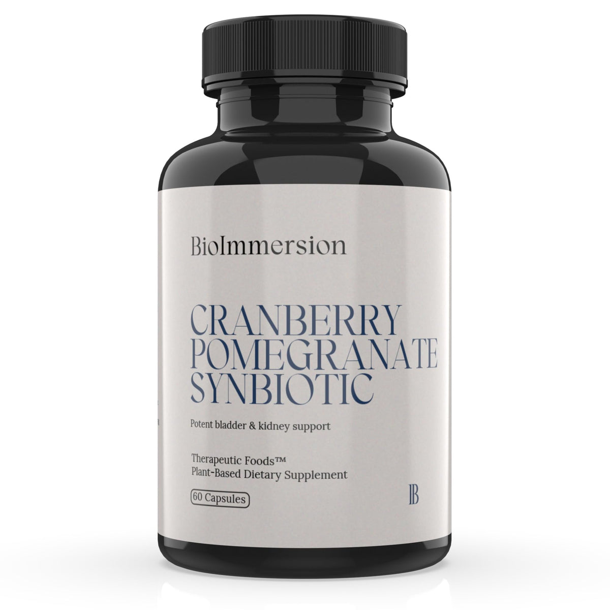 BioImmersion Cranberry Pomegranate Synbiotic bottle label highlights clean-label plant-based ingredients.