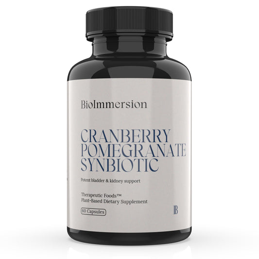 BioImmersion Cranberry Pomegranate Synbiotic bottle label highlights clean-label plant-based ingredients.