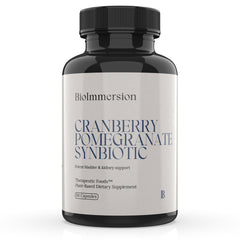 BioImmersion Cranberry Pomegranate Synbiotic bottle label highlights clean-label plant-based ingredients.