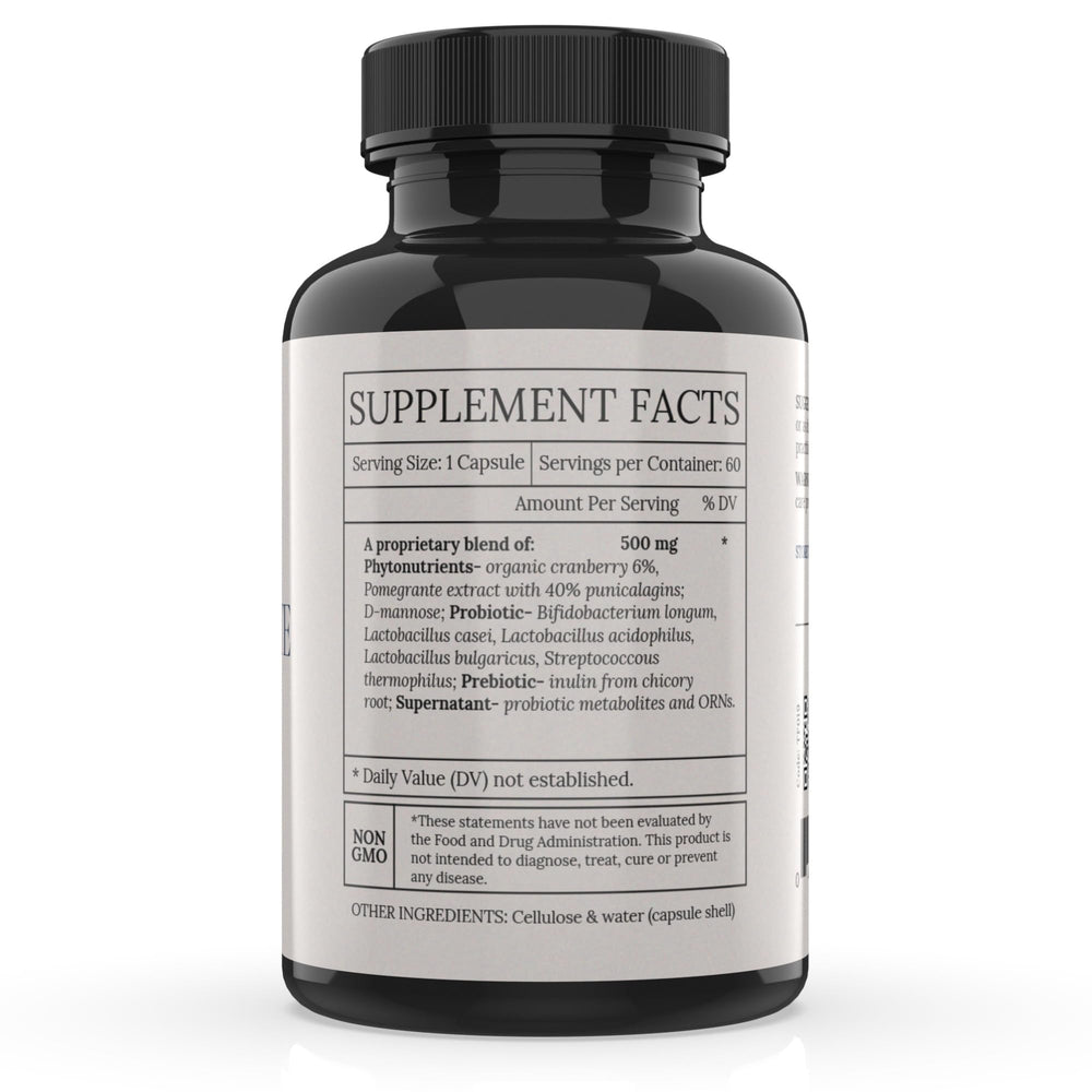 BioImmersion Cranberry Pomegranate Synbiotic capsules shown in a row; vegan and excipient-free for daily use.
