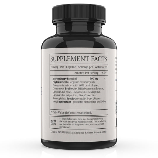 BioImmersion Cranberry Pomegranate Synbiotic capsules shown in a row; vegan and excipient-free for daily use.
