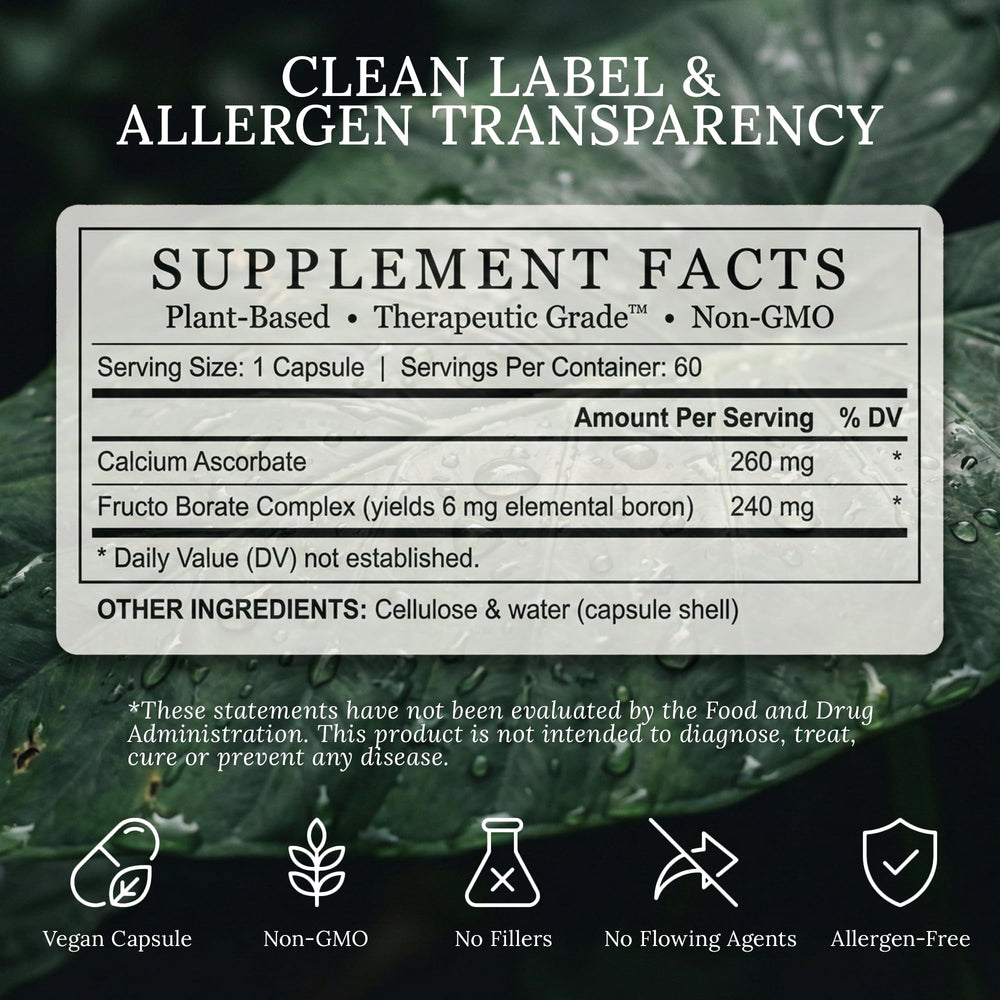Ingredients panel shows carbohydrate-linked boron in a whole-food form.