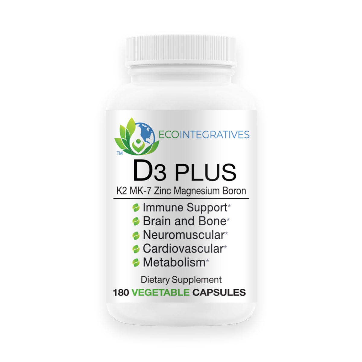 BioInnovations Bio-D3 Plus bottle label with vegan capsules for bone and immune support.