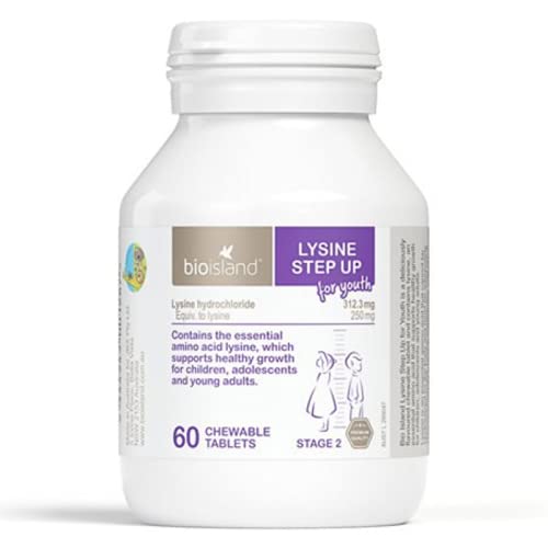 Bio Island Lysine Step Up bottle on a shelf, convenient daily supplement for growing youths.
