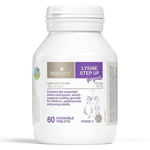 Close-up of Bio Island Lysine Step Up chewable tablets with tasty flavor for easy intake.