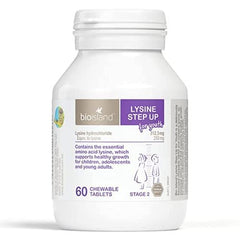 Close-up of Bio Island Lysine Step Up chewable tablets with tasty flavor for easy intake.