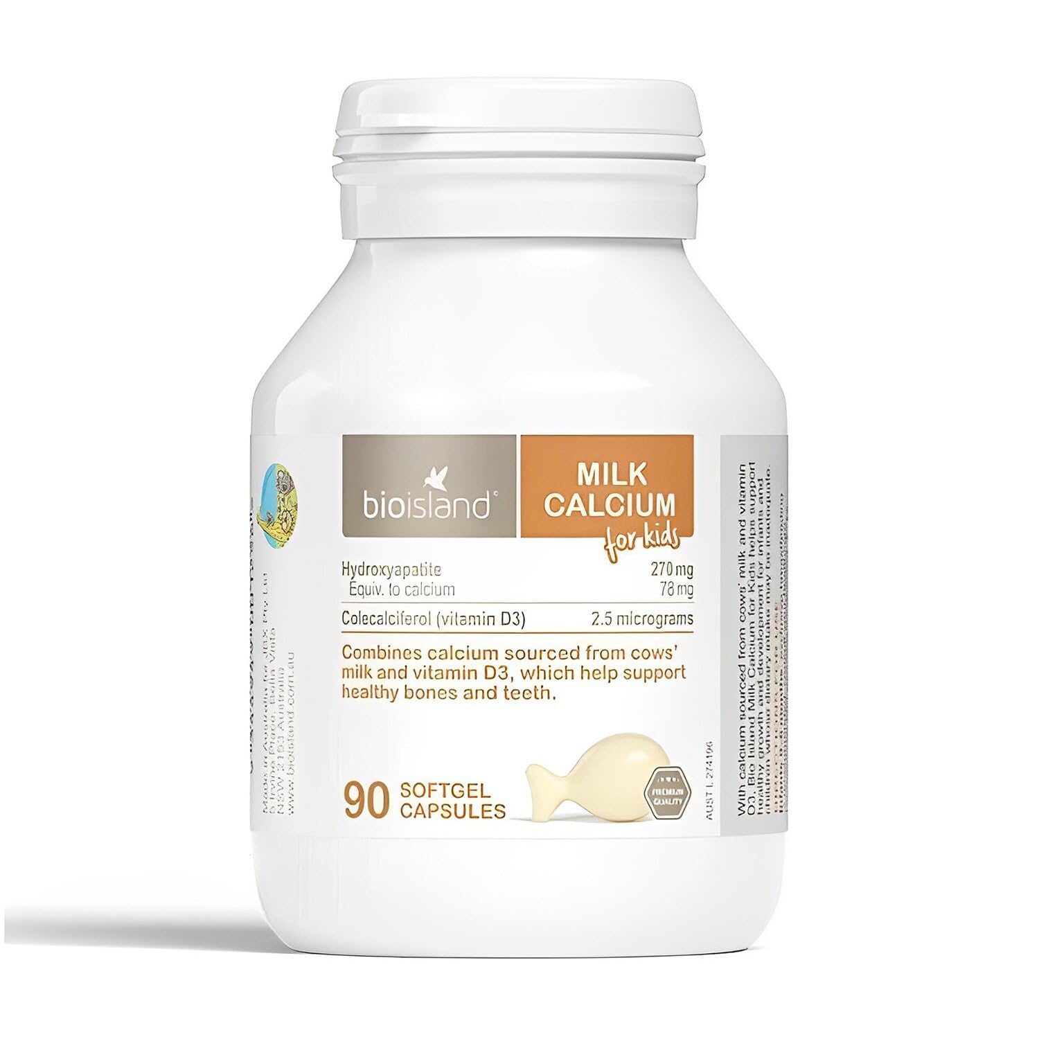 Bio Island Milk Calcium for Kids bottle with capsules supports growing bones and teeth.