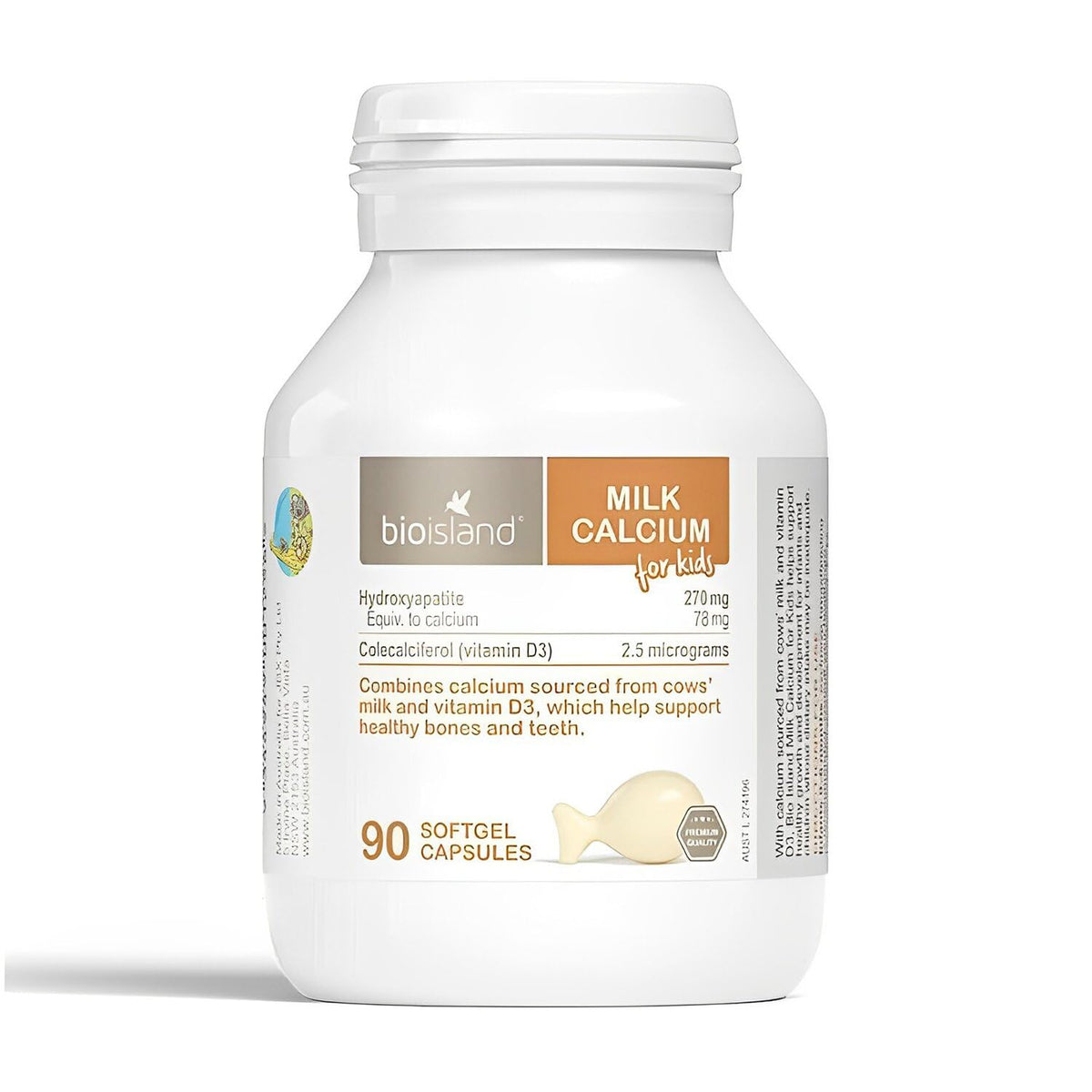 Bio Island Milk Calcium for Kids bottle with capsules supports growing bones and teeth.