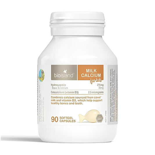 Bio Island Milk Calcium for Kids bottle with capsules supports growing bones and teeth.