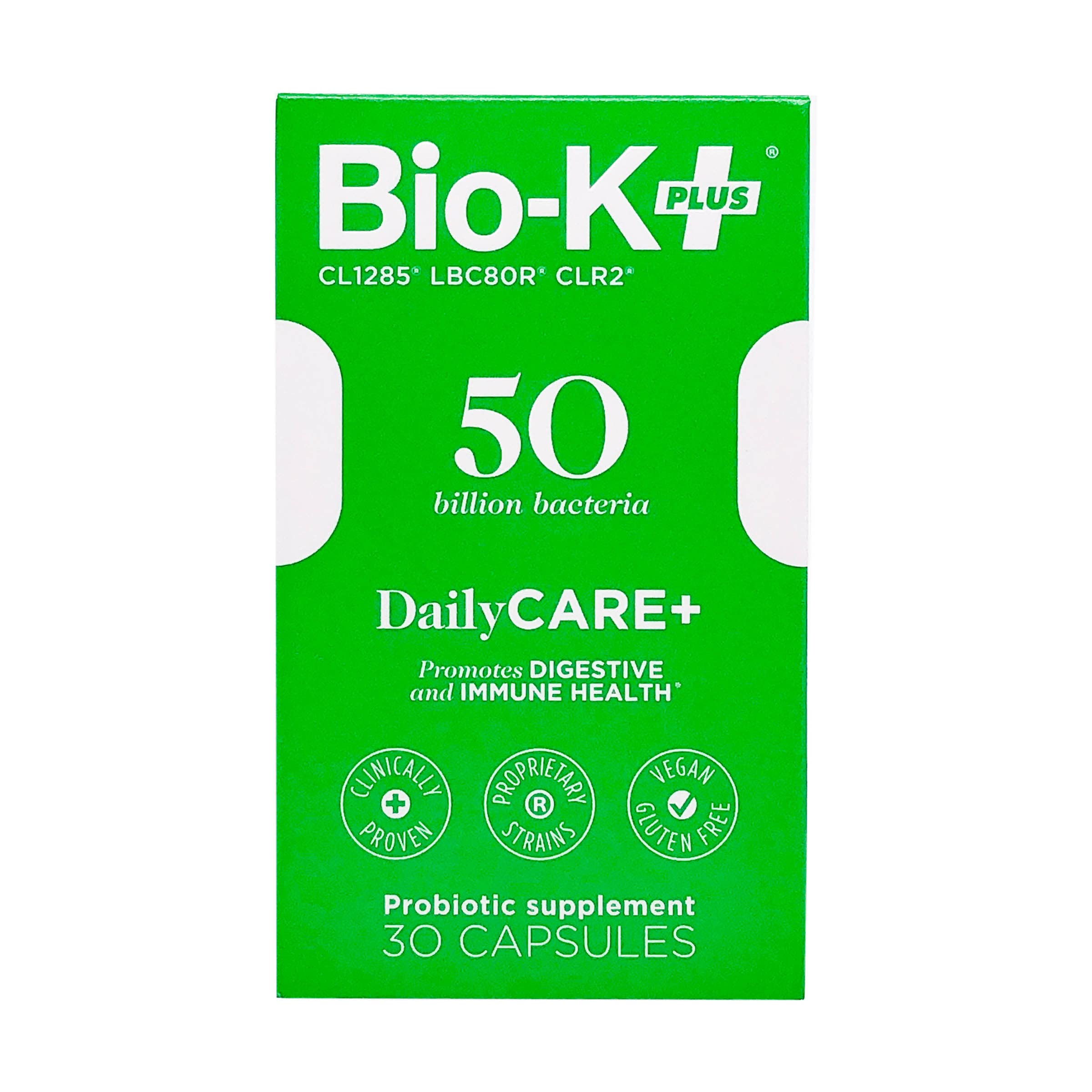 Bio-K Plus Dailycare capsules closeup emphasizing vegan, gluten-free formula