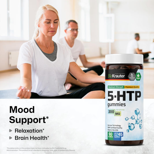 BIO KRAUTER 5-HTP gummies closeup reveals a soft, chewy texture for daily use.