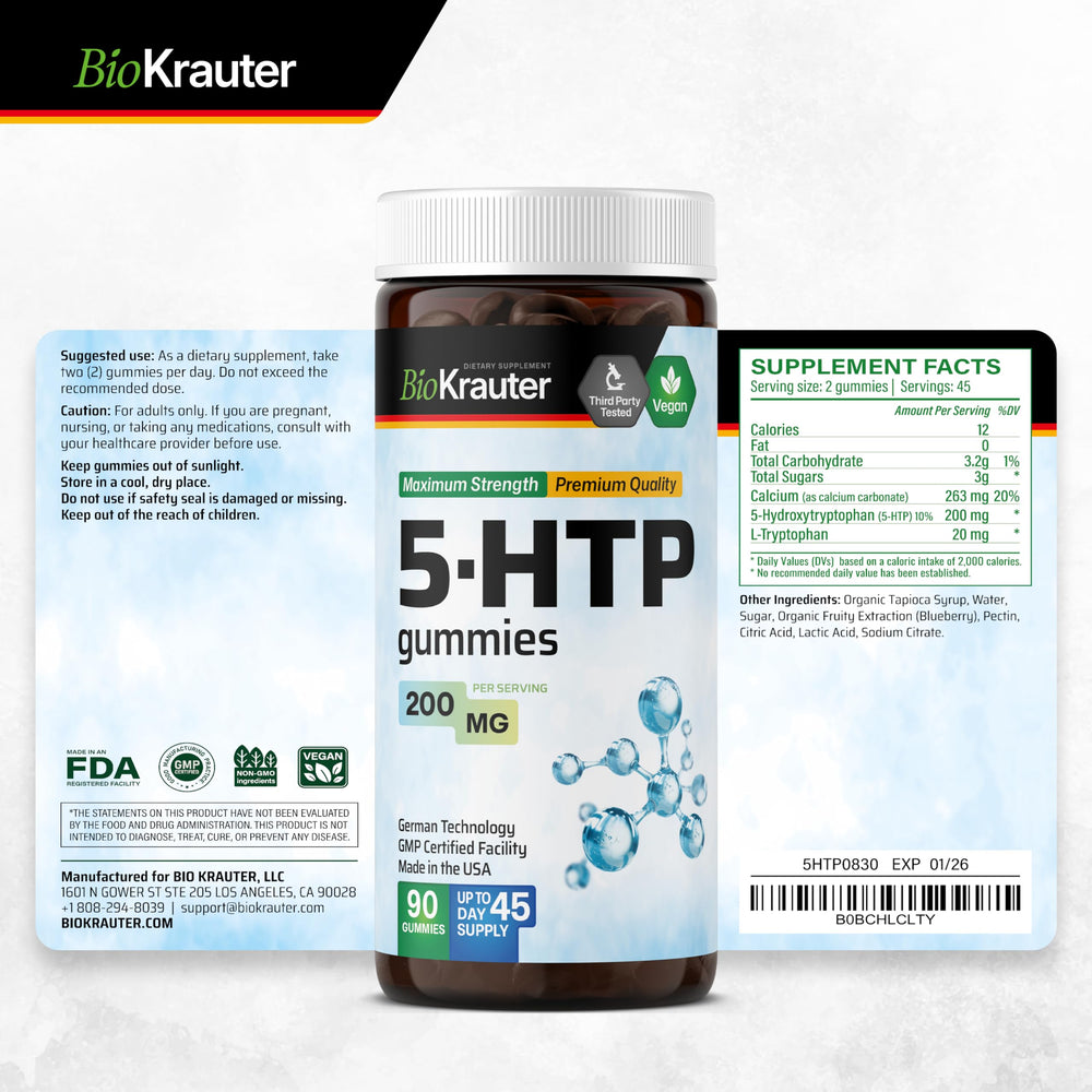 BIO KRAUTER 5-HTP gummies on shelf suggesting easy daily routines.