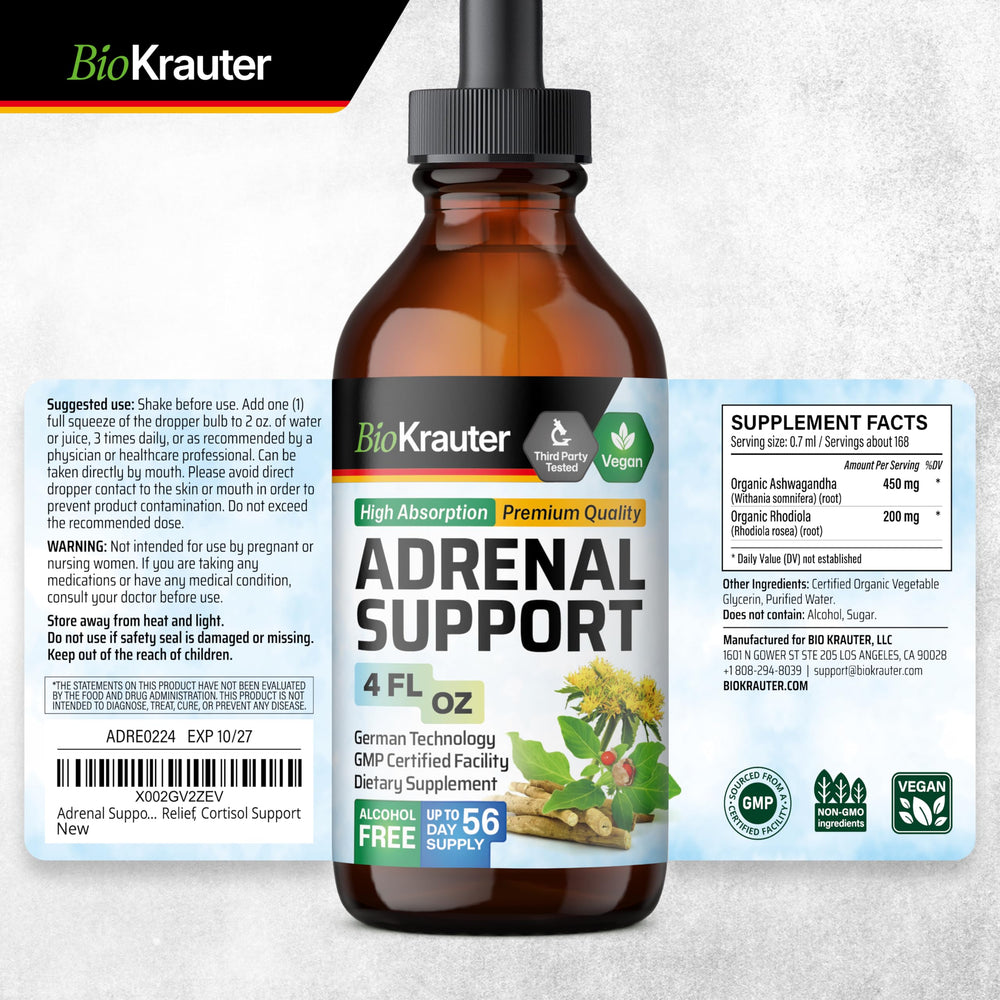 BioKrauter Adrenal Support 4 oz bottle ready for home or travel use.